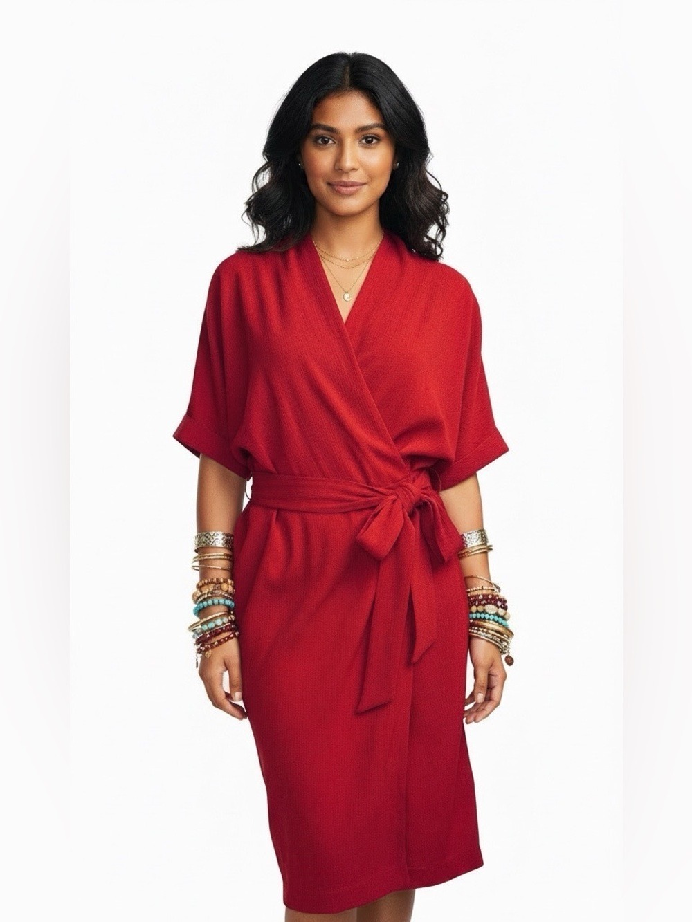 Effortless Red Wrap Dress with Adjustable Waist Tie Large